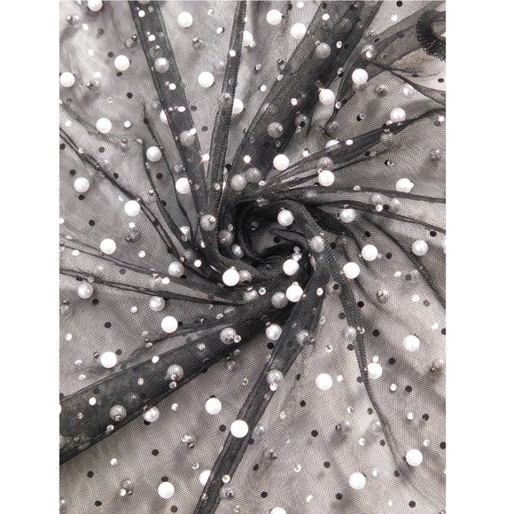 Black Sheer Mesh Long Sleeve Feather Shirt with Faux Pearls Sparkles Beaded - Picture 13 of 14